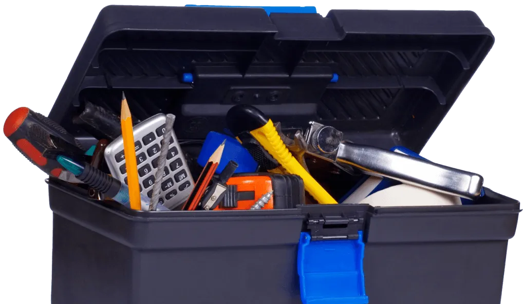 Box with tools on white about uss