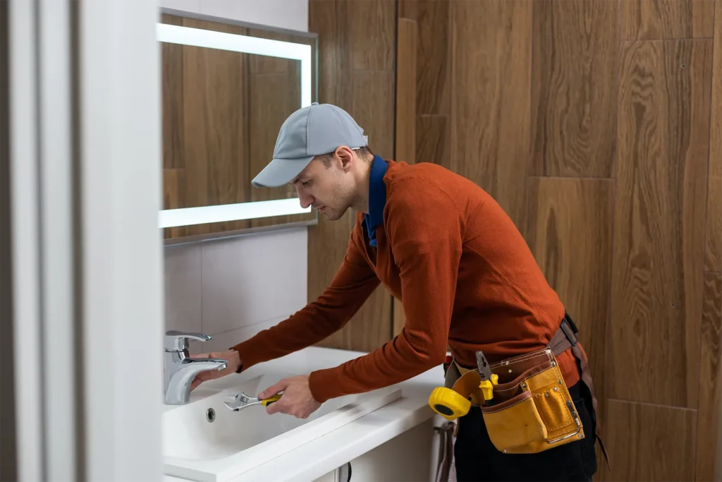 Professional handyman working in shower booth indoors